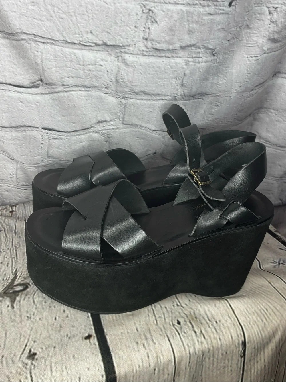 Vtg Kork-Ease Goth Bratz Black Chunky Suede Platform Leather Strappy Sandals 9